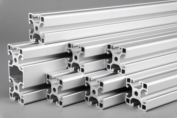 Aluminum extrusion profile bars gray background. Metal construction industry engineering and material concept. Aluminum extrusion profile bars gray background. Metal construction industry engineering and material concept.